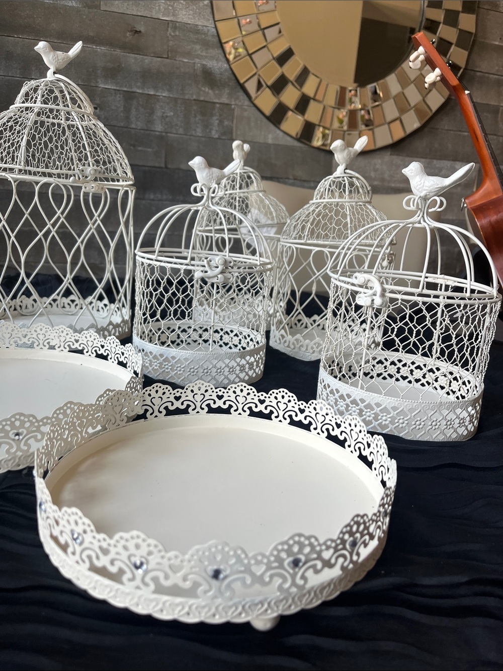 7-Piece White Shabby Chic Birdcage & Decorative Tray Set